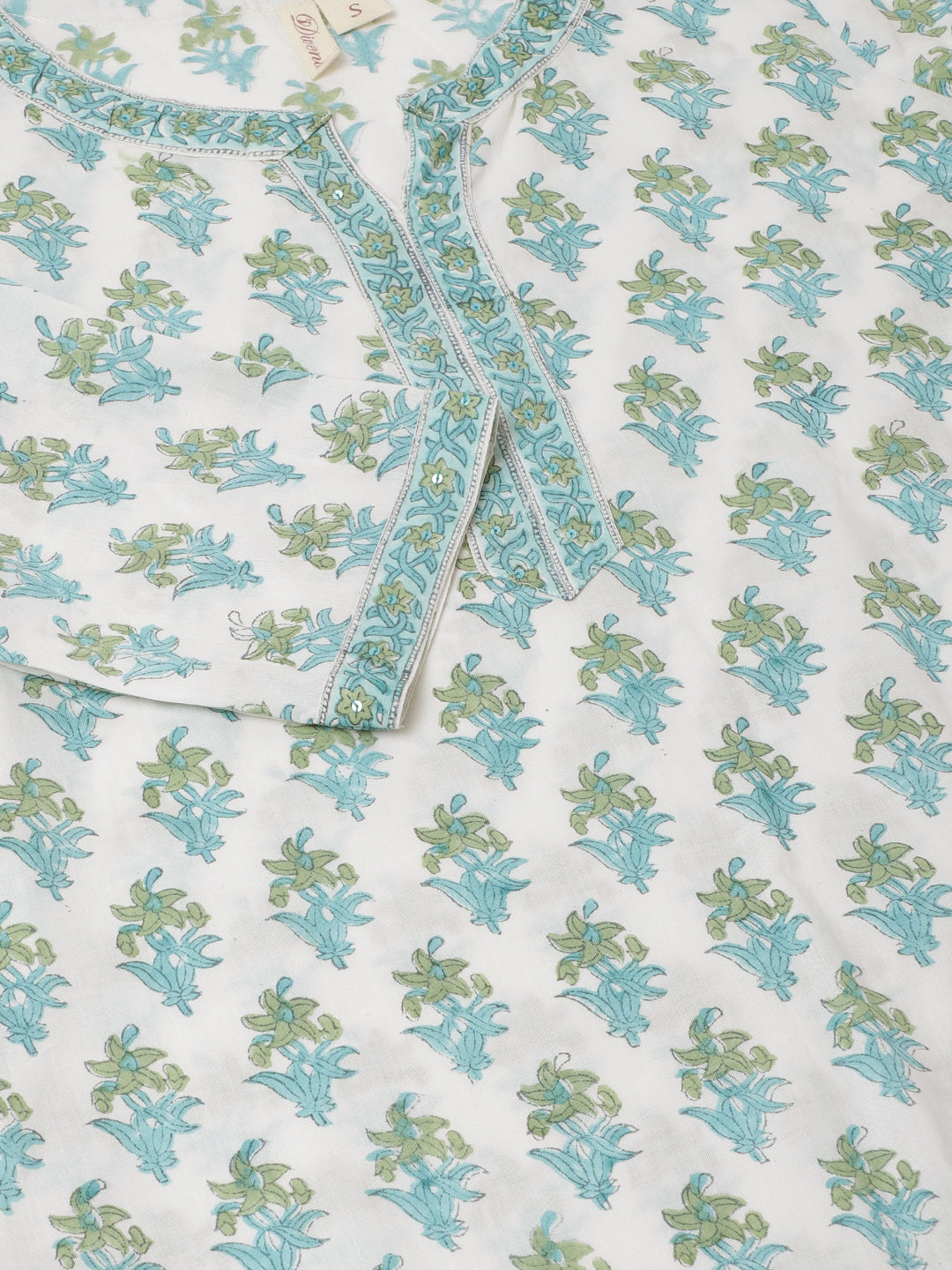 Women White Sea Blue Handblock Floral Printed Cotton Kurta Set With Kota Doria Dupatta | LASVINI - Redefining Indian Fashion with Elegance