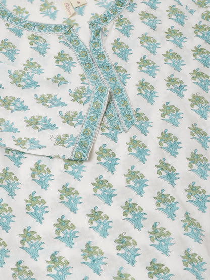 Women White Sea Blue Handblock Floral Printed Cotton Kurta Set With Kota Doria Dupatta | LASVINI - Redefining Indian Fashion with Elegance