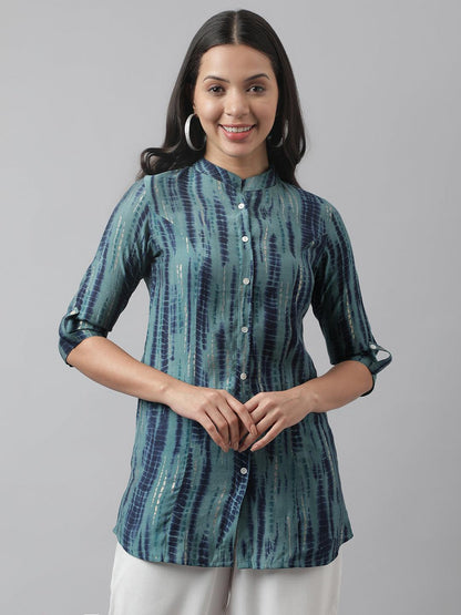 Teal Floral Printed Muslin A-Line Shirt Style Top | LASVINI - Redefining Indian Fashion with Elegance