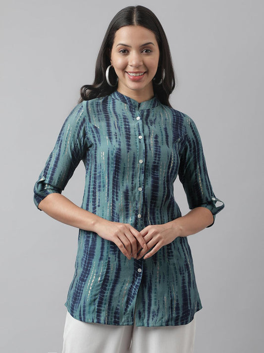 Teal Floral Printed Muslin A-Line Shirt Style Top | LASVINI - Redefining Indian Fashion with Elegance