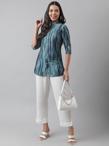 Teal Floral Printed Muslin A-Line Shirt Style Top | LASVINI - Redefining Indian Fashion with Elegance