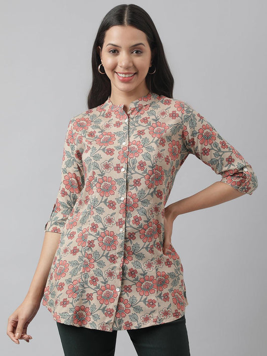 Dark Beige Floral Printed Rayon A-Line Shirt Style Top | LASVINI - Redefining Indian Fashion with Elegance