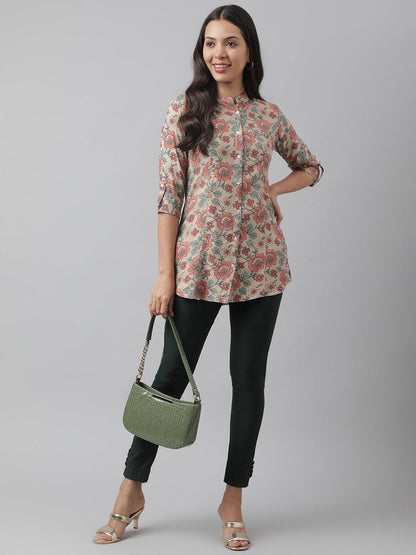 Dark Beige Floral Printed Rayon A-Line Shirt Style Top | LASVINI - Redefining Indian Fashion with Elegance