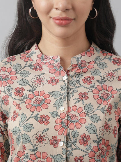Dark Beige Floral Printed Rayon A-Line Shirt Style Top | LASVINI - Redefining Indian Fashion with Elegance