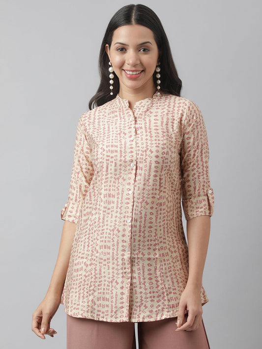 Beige Floral Printed Muslin A-Line Shirt Style Top | LASVINI - Redefining Indian Fashion with Elegance
