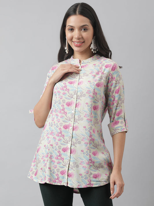Cream & Pink Floral Print Mandarin Collar Roll-Up Sleeves A-Line Shirt Style Top | LASVINI - Redefining Indian Fashion with Elegance