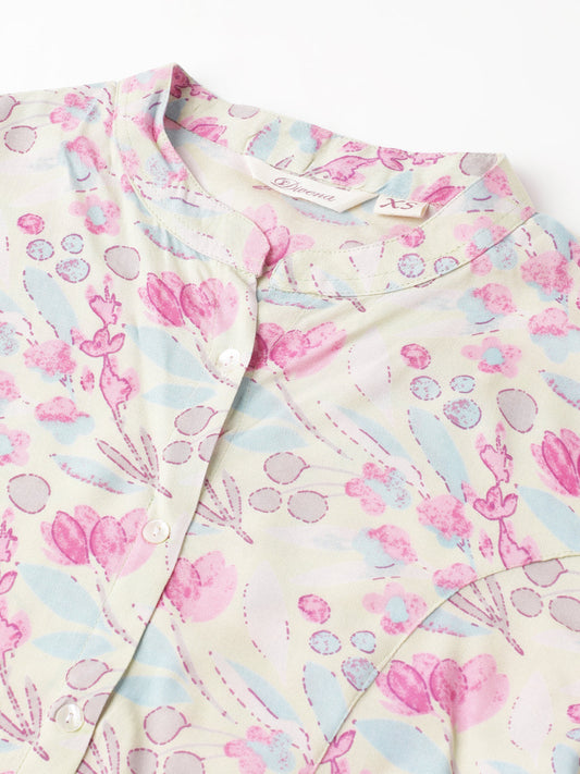 Cream & Pink Floral Print Mandarin Collar Roll-Up Sleeves A-Line Shirt Style Top | LASVINI - Redefining Indian Fashion with Elegance