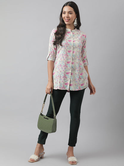 Cream & Pink Floral Print Mandarin Collar Roll-Up Sleeves A-Line Shirt Style Top | LASVINI - Redefining Indian Fashion with Elegance