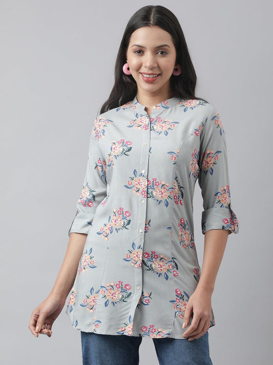 Gray Floral Printed Rayon A-Line Shirt Style Top | LASVINI - Redefining Indian Fashion with Elegance