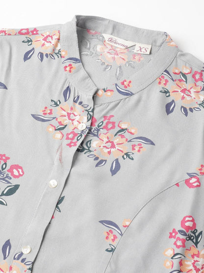 Gray Floral Printed Rayon A-Line Shirt Style Top | LASVINI - Redefining Indian Fashion with Elegance