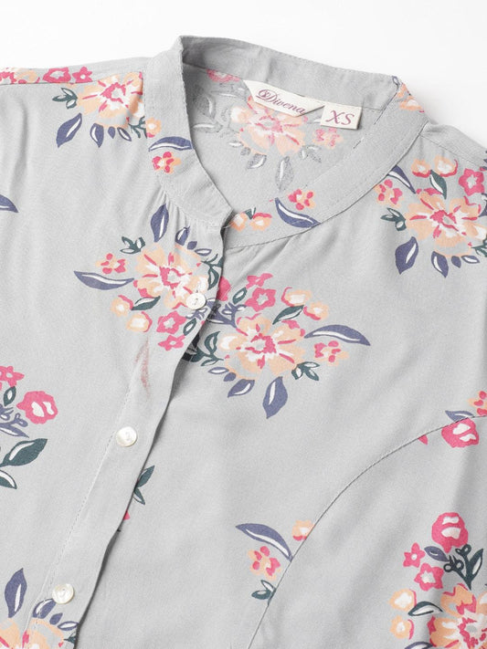 Gray Floral Printed Rayon A-Line Shirt Style Top | LASVINI - Redefining Indian Fashion with Elegance