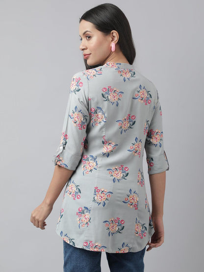 Gray Floral Printed Rayon A-Line Shirt Style Top | LASVINI - Redefining Indian Fashion with Elegance