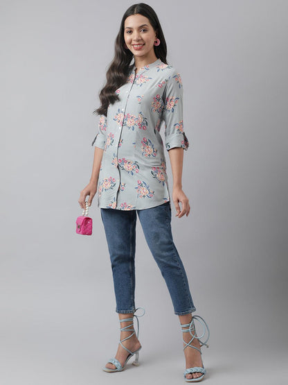 Gray Floral Printed Rayon A-Line Shirt Style Top | LASVINI - Redefining Indian Fashion with Elegance