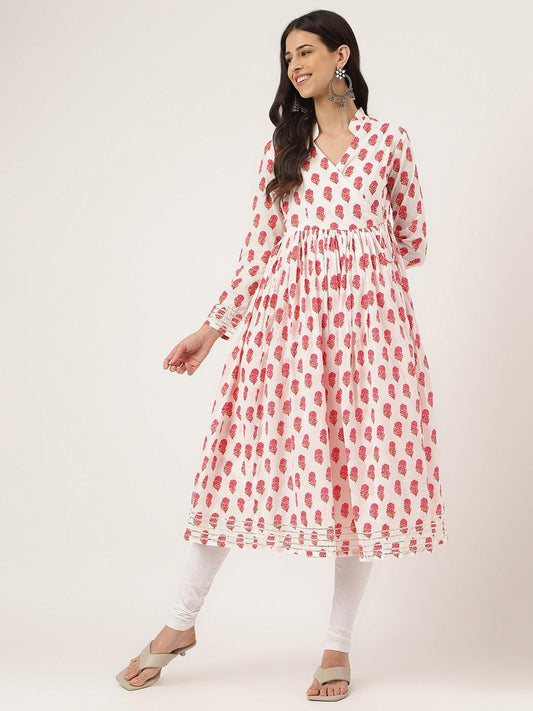 White And Red Floral Printed Angarakha Kurta | LASVINI - Redefining Indian Fashion with Elegance