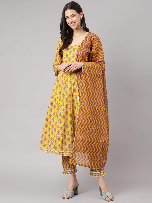 Yellow Cotton Anarkali Kurta Pant Set With Dupatta | LASVINI - Redefining Indian Fashion with Elegance