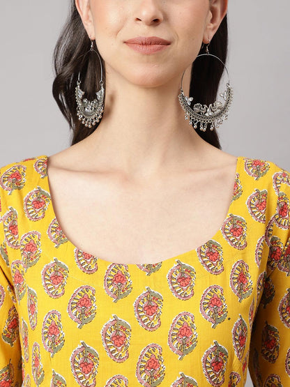 Yellow Cotton Anarkali Kurta Pant Set With Dupatta | LASVINI - Redefining Indian Fashion with Elegance