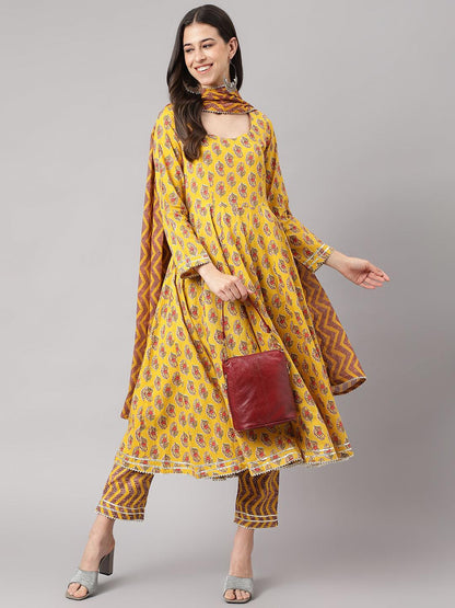 Yellow Cotton Anarkali Kurta Pant Set With Dupatta | LASVINI - Redefining Indian Fashion with Elegance