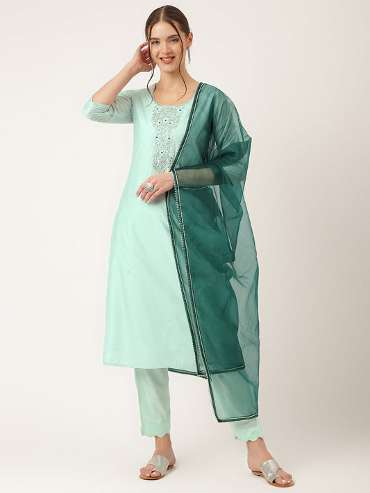 Sea Green Embroidered Chanderi Kurta, Trouser With Dupatta | LASVINI - Redefining Indian Fashion with Elegance
