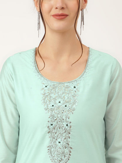 Sea Green Embroidered Chanderi Kurta, Trouser With Dupatta | LASVINI - Redefining Indian Fashion with Elegance