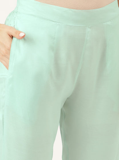 Sea Green Embroidered Chanderi Kurta, Trouser With Dupatta | LASVINI - Redefining Indian Fashion with Elegance