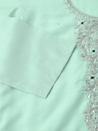 Sea Green Embroidered Chanderi Kurta, Trouser With Dupatta | LASVINI - Redefining Indian Fashion with Elegance