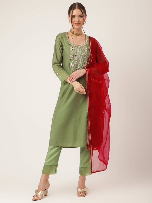 Green Embroidered Chanderi Kurta, Trouser With Dupatta | LASVINI - Redefining Indian Fashion with Elegance