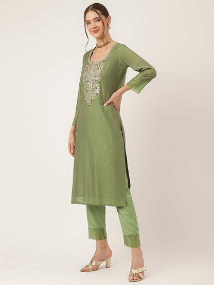 Green Embroidered Chanderi Kurta, Trouser With Dupatta | LASVINI - Redefining Indian Fashion with Elegance