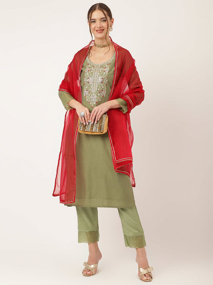 Green Embroidered Chanderi Kurta, Trouser With Dupatta | LASVINI - Redefining Indian Fashion with Elegance