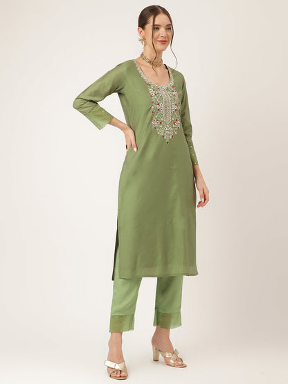 Green Embroidered Chanderi Kurta, Trouser With Dupatta | LASVINI - Redefining Indian Fashion with Elegance
