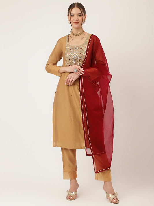 Brown Embroidered Chanderi Kurta, Trouser With Dupatta | LASVINI - Redefining Indian Fashion with Elegance