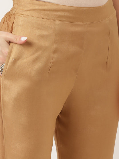 Brown Embroidered Chanderi Kurta, Trouser With Dupatta | LASVINI - Redefining Indian Fashion with Elegance