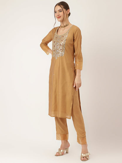 Brown Embroidered Chanderi Kurta, Trouser With Dupatta | LASVINI - Redefining Indian Fashion with Elegance