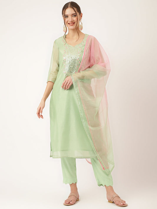 Green Pink Embroidered Chanderi Kurta, Trouser With Dupatta | LASVINI - Redefining Indian Fashion with Elegance