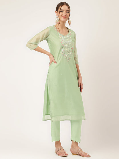 Green Pink Embroidered Chanderi Kurta, Trouser With Dupatta | LASVINI - Redefining Indian Fashion with Elegance