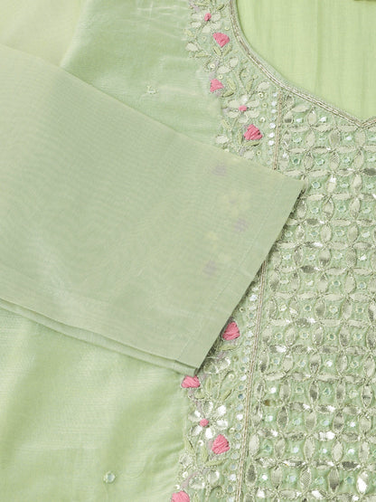 Green Pink Embroidered Chanderi Kurta, Trouser With Dupatta | LASVINI - Redefining Indian Fashion with Elegance