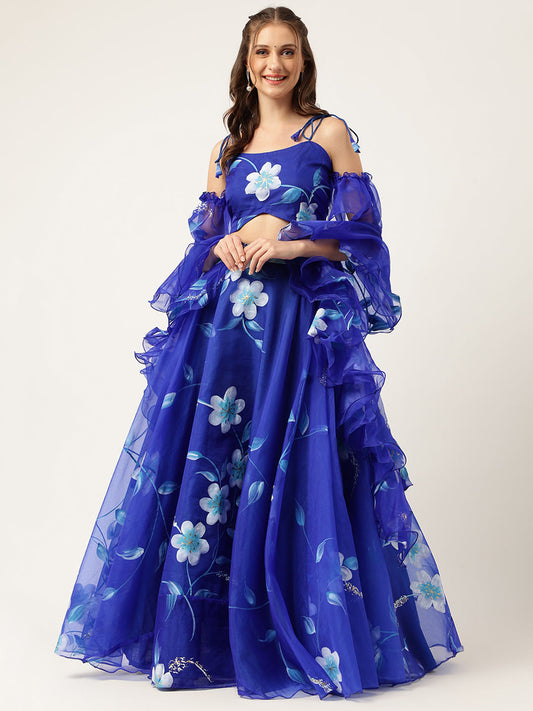 Blue Floral Hand Painted Lehenga & Blouse With Dupatta | LASVINI - Redefining Indian Fashion with Elegance