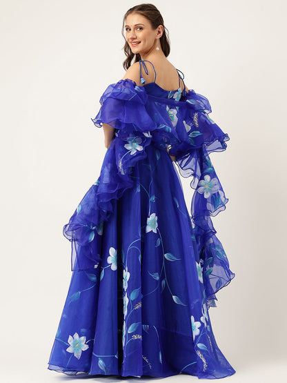 Blue Floral Hand Painted Lehenga & Blouse With Dupatta | LASVINI - Redefining Indian Fashion with Elegance