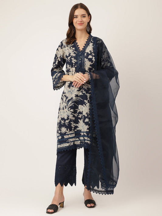 Navy Blue Floral Print Cotton Kurta, Trouser With Dupatta | LASVINI - Redefining Indian Fashion with Elegance