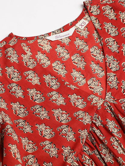 Red Floral Cotton Peplum Style Top | LASVINI - Redefining Indian Fashion with Elegance