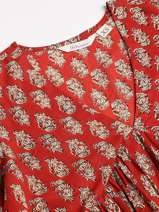 Red Floral Cotton Peplum Style Top | LASVINI - Redefining Indian Fashion with Elegance