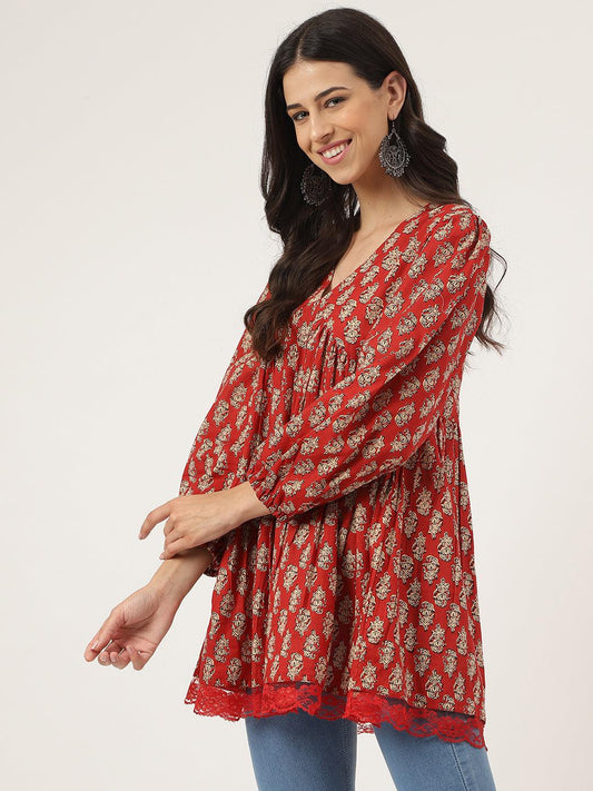 Red Floral Cotton Peplum Style Top | LASVINI - Redefining Indian Fashion with Elegance