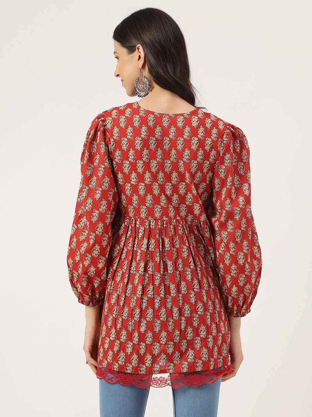 Red Floral Cotton Peplum Style Top | LASVINI - Redefining Indian Fashion with Elegance