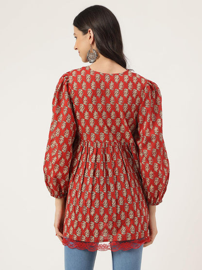 Red Floral Cotton Peplum Style Top | LASVINI - Redefining Indian Fashion with Elegance
