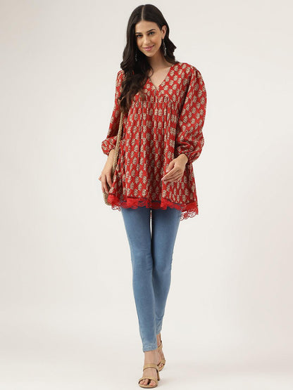 Red Floral Cotton Peplum Style Top | LASVINI - Redefining Indian Fashion with Elegance