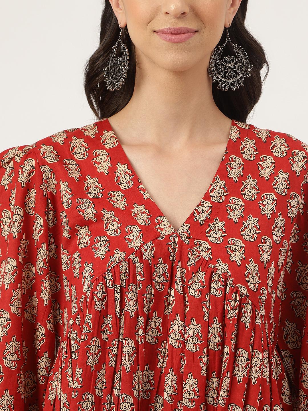 Red Floral Cotton Peplum Style Top | LASVINI - Redefining Indian Fashion with Elegance
