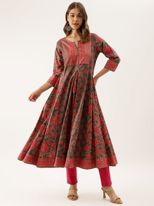Women Green Floral Printed Flared Kurta Dress | LASVINI - Redefining Indian Fashion with Elegance