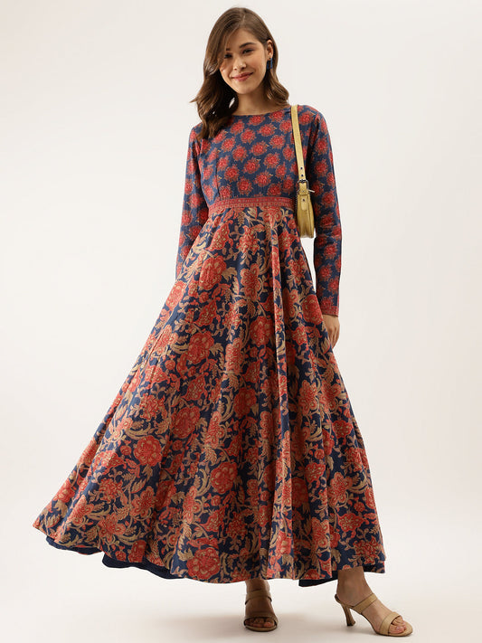 Women Blue Maroon Floral Printed Cotton Ethnic Long Kurta | LASVINI - Redefining Indian Fashion with Elegance
