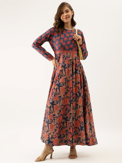 Women Blue Maroon Floral Printed Cotton Ethnic Long Kurta | LASVINI - Redefining Indian Fashion with Elegance