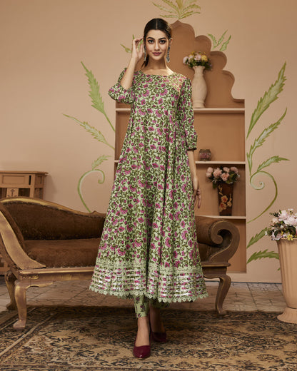 Hand Block Floral Printed Green Anarkali Cotton Kurta With Trousers | LASVINI - Redefining Indian Fashion with Elegance