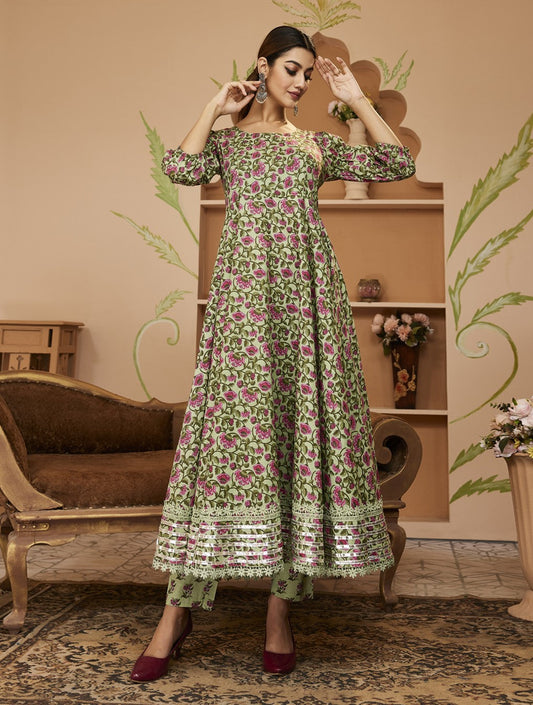 Hand Block Floral Printed Green Anarkali Cotton Kurta With Trousers | LASVINI - Redefining Indian Fashion with Elegance